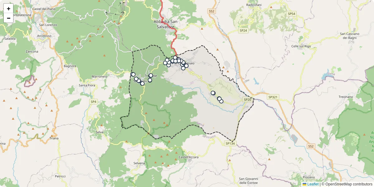 Mappa dettagliata del trasporto pubblico a Piancastagnaio con linee autobus, tram e collegamenti