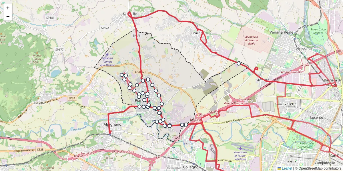 Mappa dettagliata del trasporto pubblico a Pianezza con linee autobus, tram e collegamenti