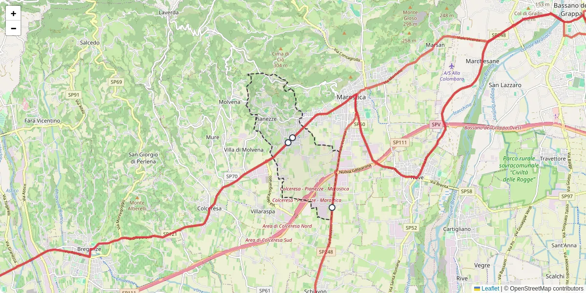 Mappa dettagliata del trasporto pubblico a Pianezze con linee autobus, tram e collegamenti