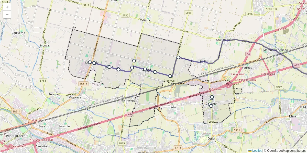 Mappa dettagliata del trasporto pubblico a Pianiga con linee autobus, tram e collegamenti