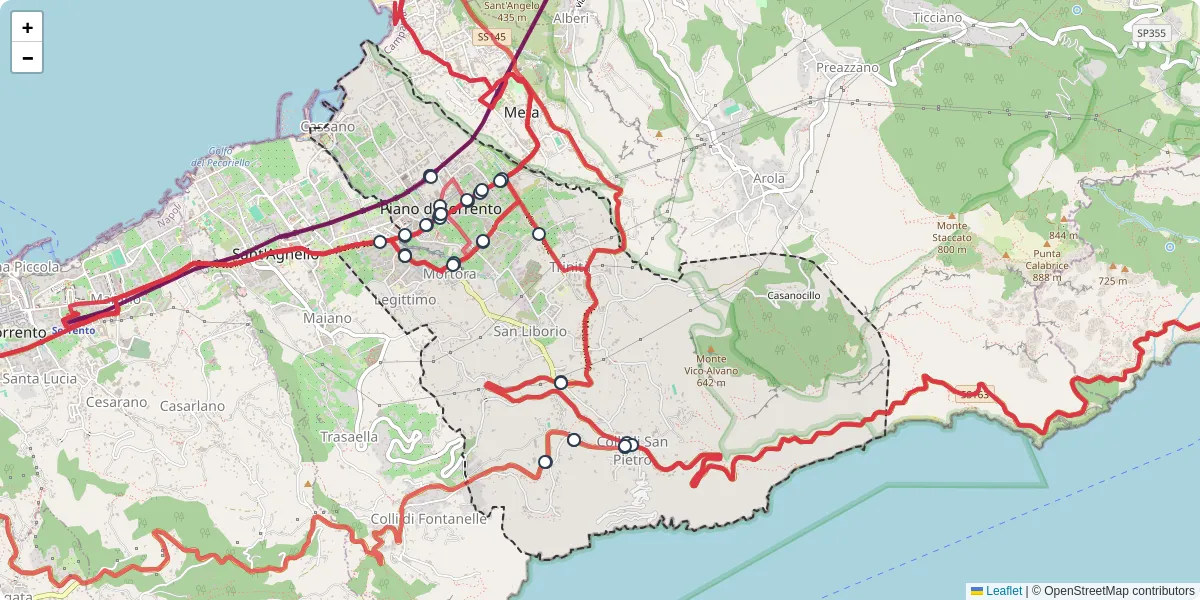 Mappa dettagliata del trasporto pubblico a Piano di Sorrento con linee autobus, tram e collegamenti
