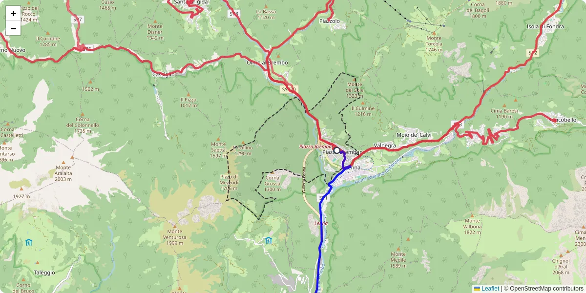 Mappa dettagliata del trasporto pubblico a Piazza Brembana con linee autobus, tram e collegamenti