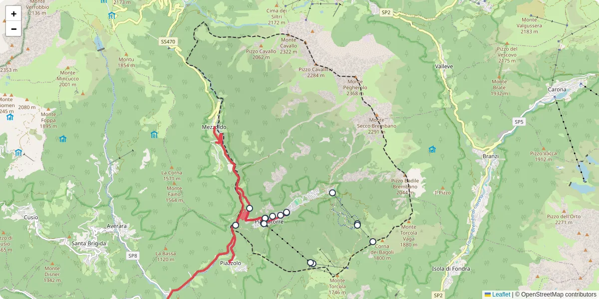 Mappa dettagliata del trasporto pubblico a Piazzatorre con linee autobus, tram e collegamenti