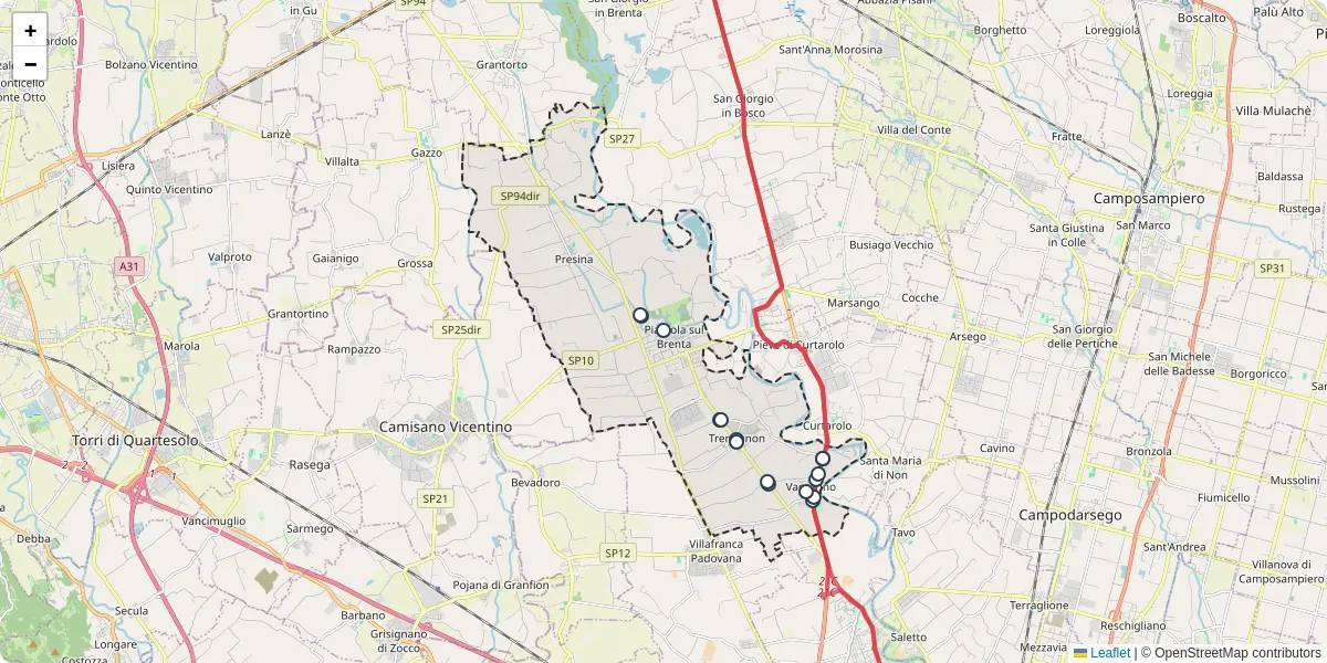 Mappa dettagliata del trasporto pubblico a Piazzola sul Brenta con linee autobus, tram e collegamenti