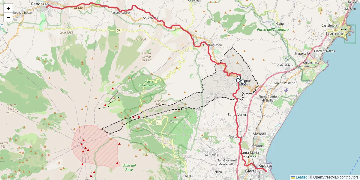 Mappa dettagliata del trasporto pubblico a Piedimonte Etneo con linee autobus, tram e collegamenti