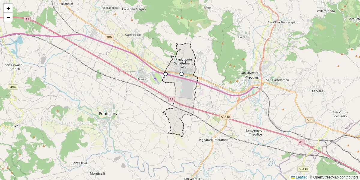 Mappa dettagliata del trasporto pubblico a Piedimonte San Germano con linee autobus, tram e collegamenti