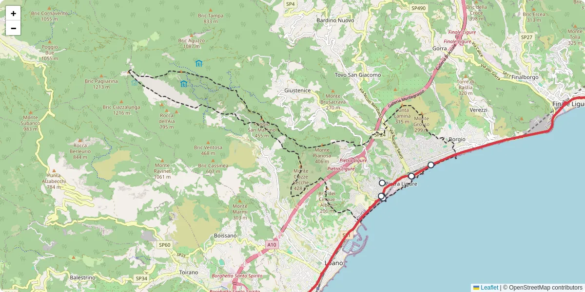 Mappa dettagliata del trasporto pubblico a Pietra Ligure con linee autobus, tram e collegamenti