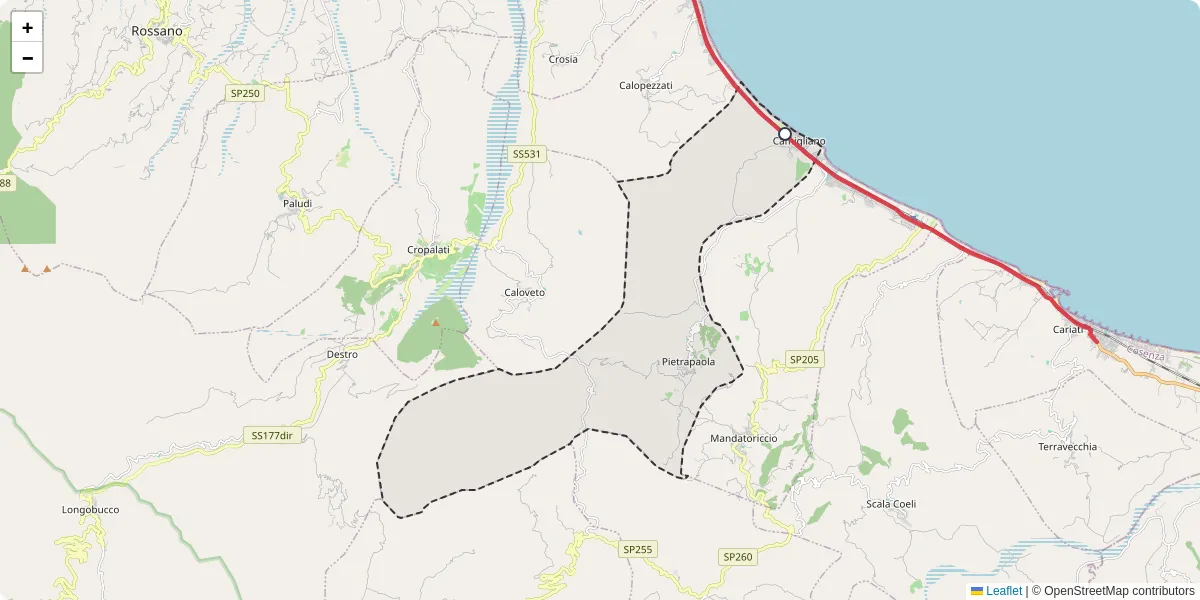 Mappa dettagliata del trasporto pubblico a Pietrapaola con linee autobus, tram e collegamenti