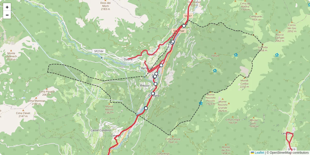 Mappa dettagliata del trasporto pubblico a Pieve di Bono-Prezzo con linee autobus, tram e collegamenti