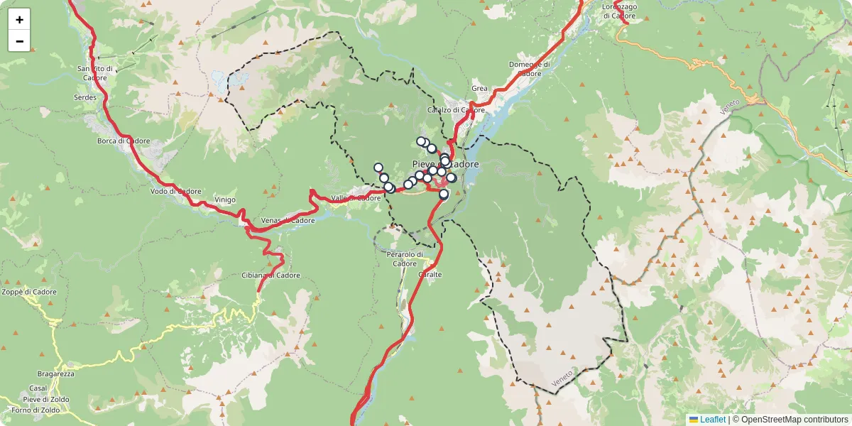 Mappa dettagliata del trasporto pubblico a Pieve di Cadore con linee autobus, tram e collegamenti