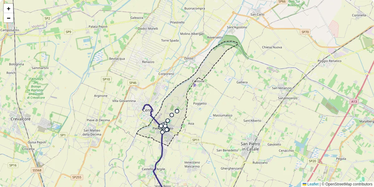 Mappa dettagliata del trasporto pubblico a Pieve di Cento con linee autobus, tram e collegamenti