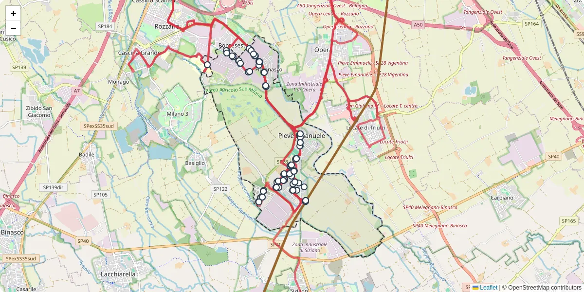 Mappa dettagliata del trasporto pubblico a Pieve Emanuele con linee autobus, tram e collegamenti