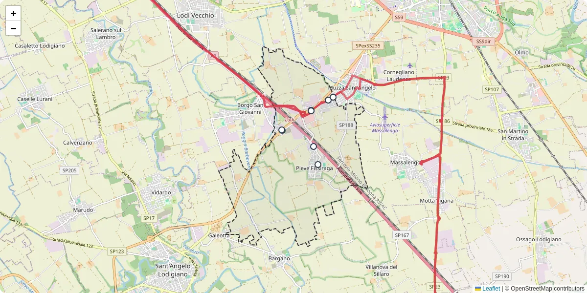 Mappa dettagliata del trasporto pubblico a Pieve Fissiraga con linee autobus, tram e collegamenti