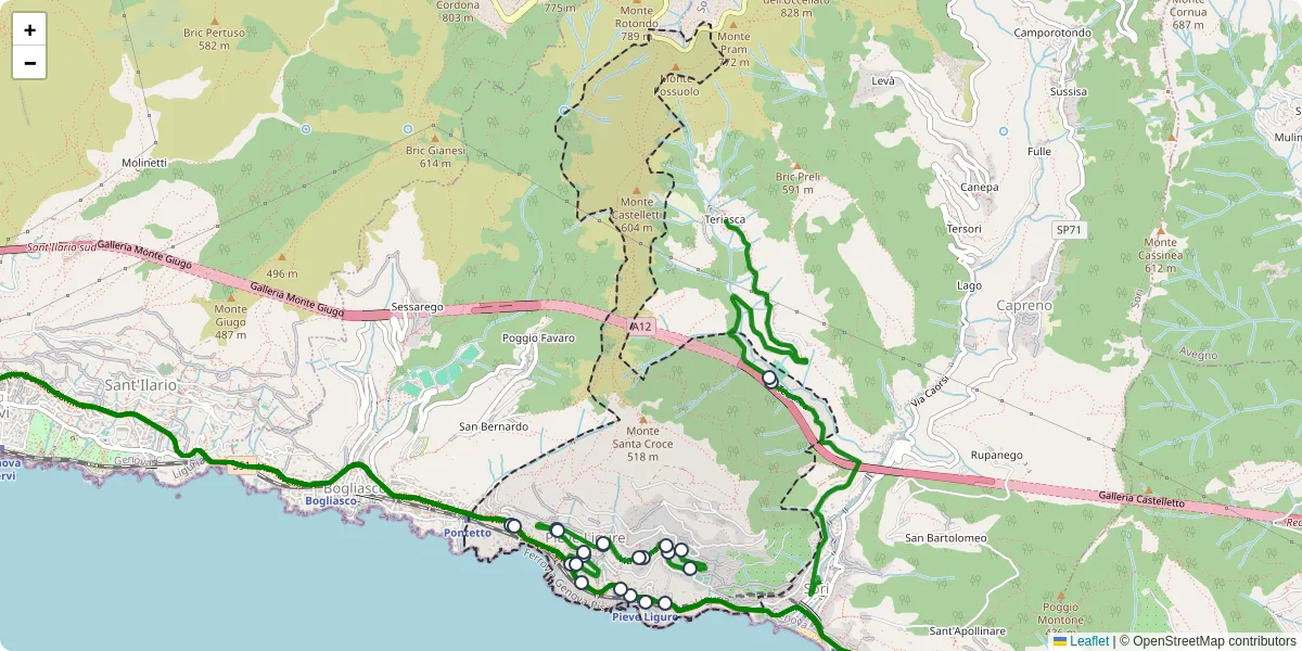 Mappa dettagliata del trasporto pubblico a Pieve Ligure con linee autobus, tram e collegamenti
