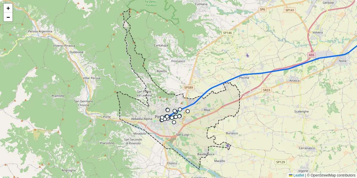 Mappa dettagliata del trasporto pubblico a Pinerolo con linee autobus, tram e collegamenti