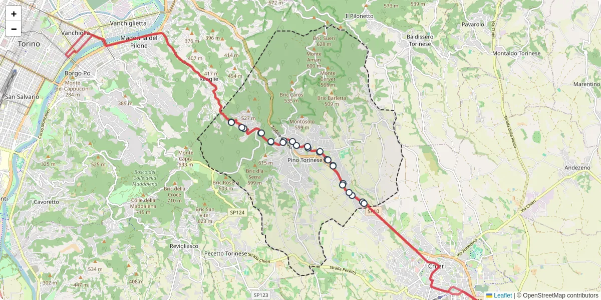 Mappa dettagliata del trasporto pubblico a Pino Torinese con linee autobus, tram e collegamenti