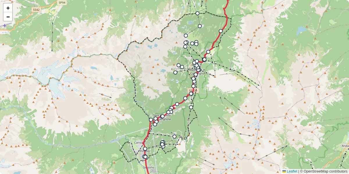 Mappa dettagliata del trasporto pubblico a Pinzolo con linee autobus, tram e collegamenti