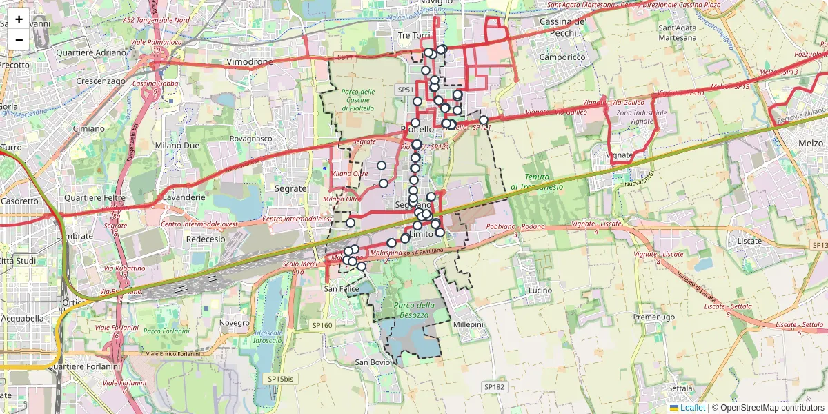 Mappa dettagliata del trasporto pubblico a Pioltello con linee autobus, tram e collegamenti