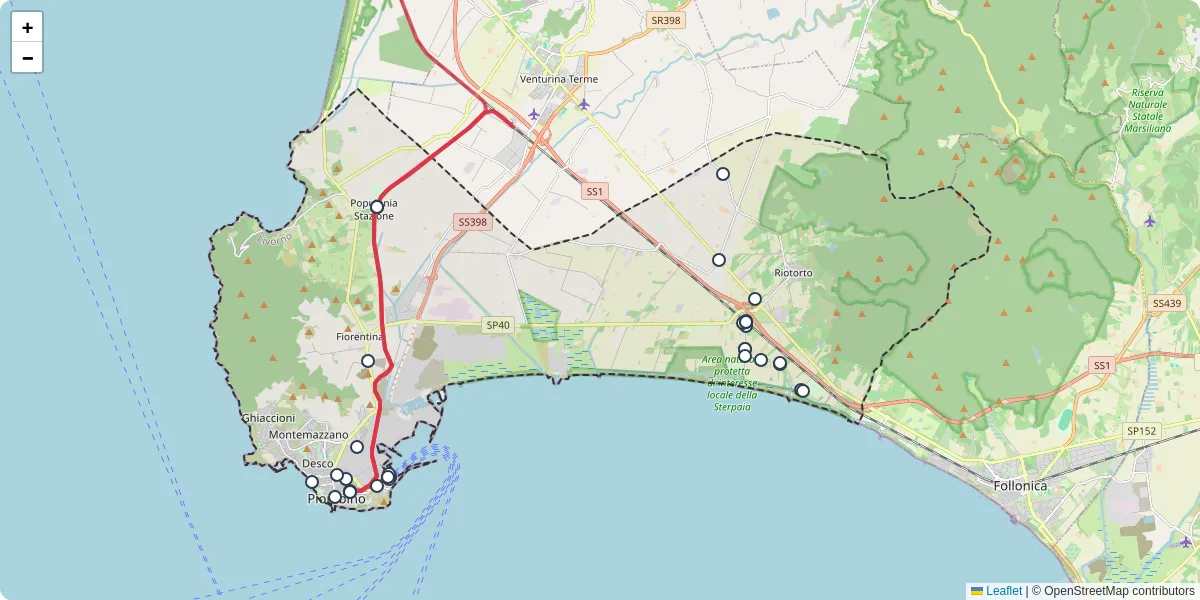 Mappa dettagliata del trasporto pubblico a Piombino con linee autobus, tram e collegamenti