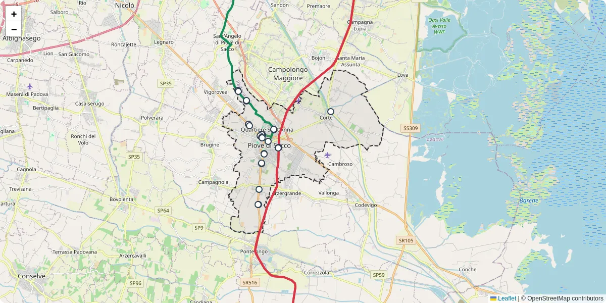 Mappa dettagliata del trasporto pubblico a Piove di Sacco con linee autobus, tram e collegamenti