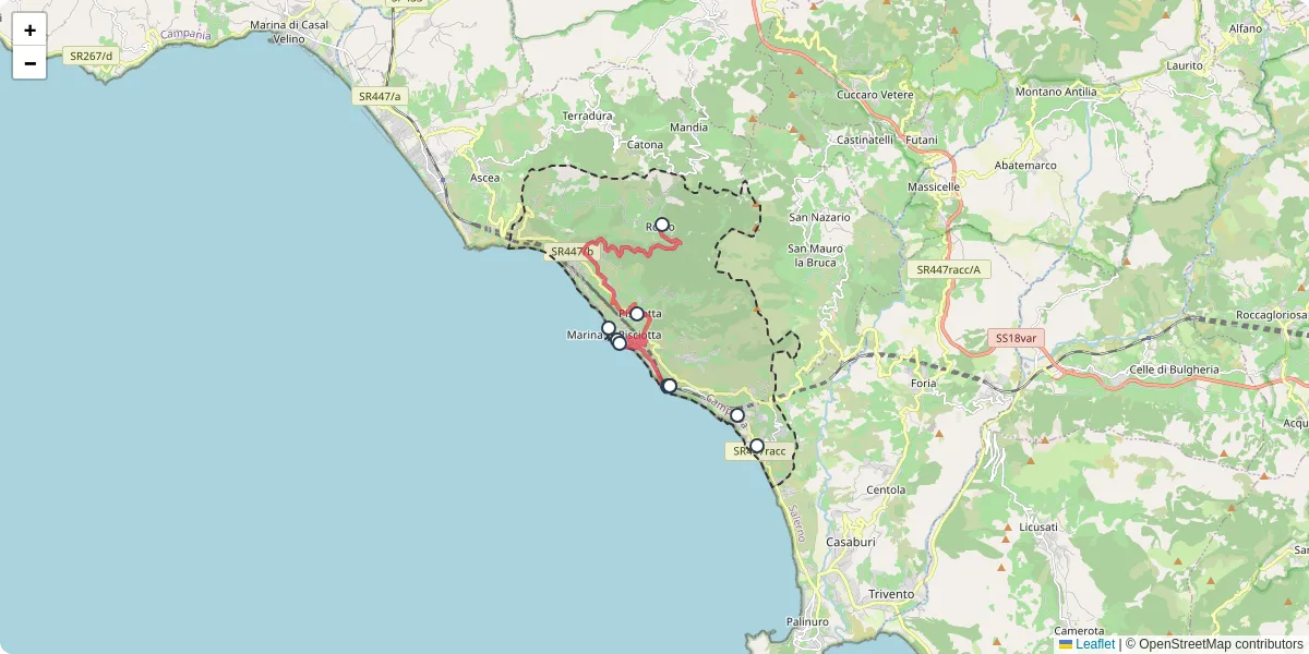 Mappa dettagliata del trasporto pubblico a Pisciotta con linee autobus, tram e collegamenti