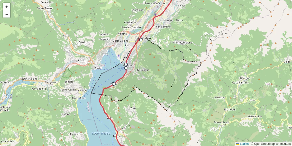 Mappa dettagliata del trasporto pubblico a Pisogne con linee autobus, tram e collegamenti