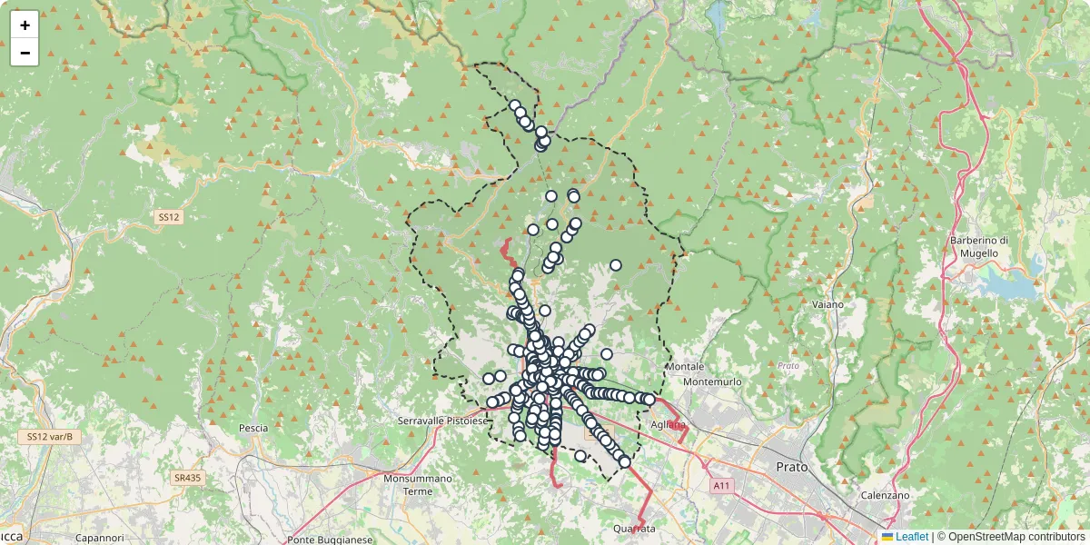 Mappa dettagliata del trasporto pubblico a Pistoia con linee autobus, tram e collegamenti