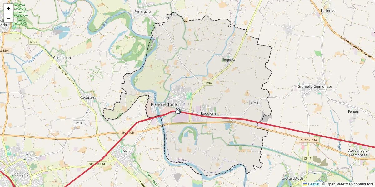 Mappa dettagliata del trasporto pubblico a Pizzighettone con linee autobus, tram e collegamenti