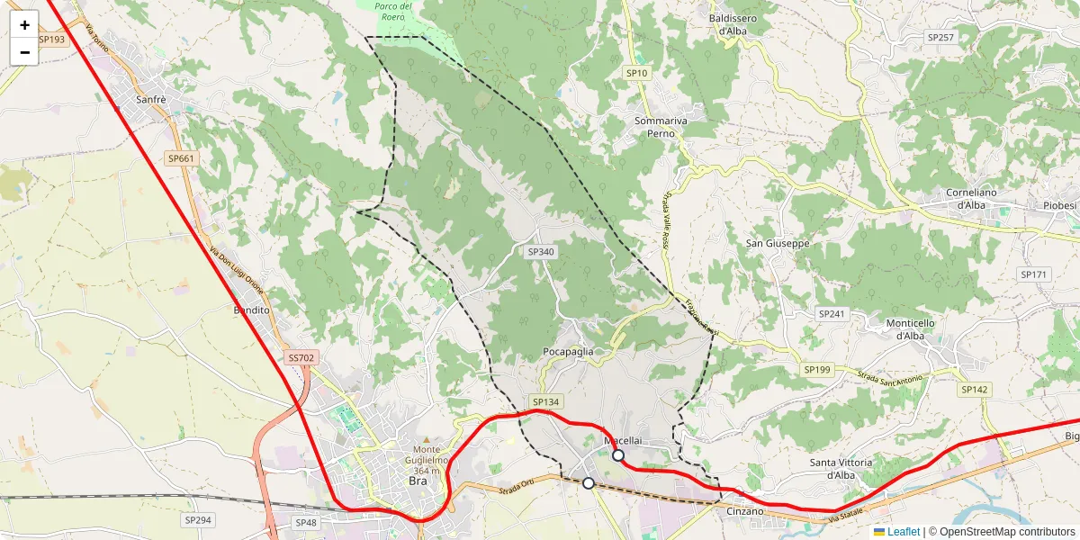 Mappa dettagliata del trasporto pubblico a Pocapaglia con linee autobus, tram e collegamenti