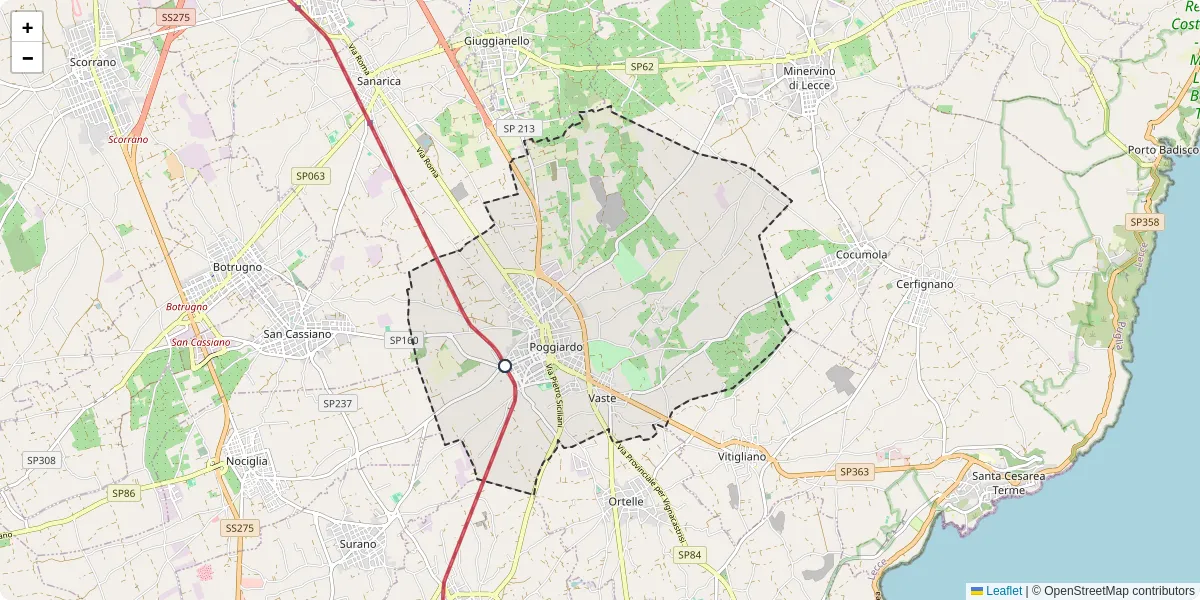 Mappa dettagliata del trasporto pubblico a Poggiardo con linee autobus, tram e collegamenti