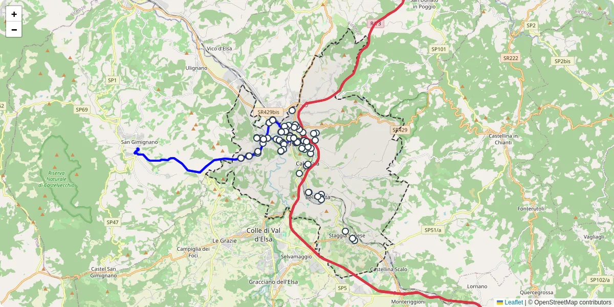 Mappa dettagliata del trasporto pubblico a Poggibonsi con linee autobus, tram e collegamenti