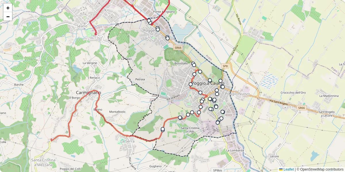 Mappa dettagliata del trasporto pubblico a Poggio a Caiano con linee autobus, tram e collegamenti