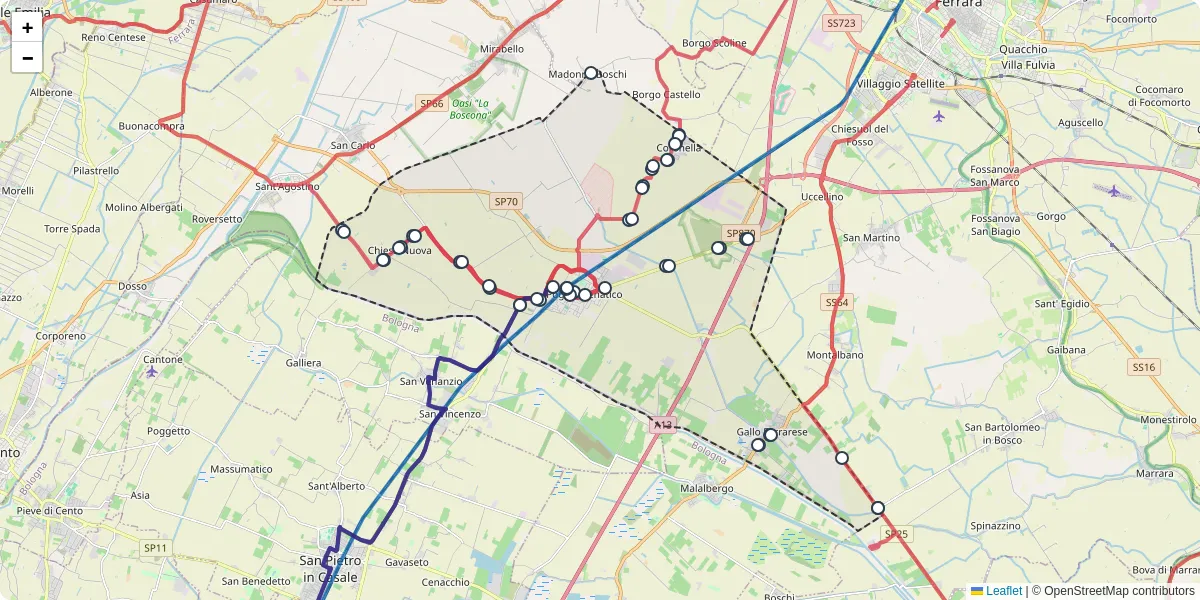 Mappa dettagliata del trasporto pubblico a Poggio Renatico con linee autobus, tram e collegamenti