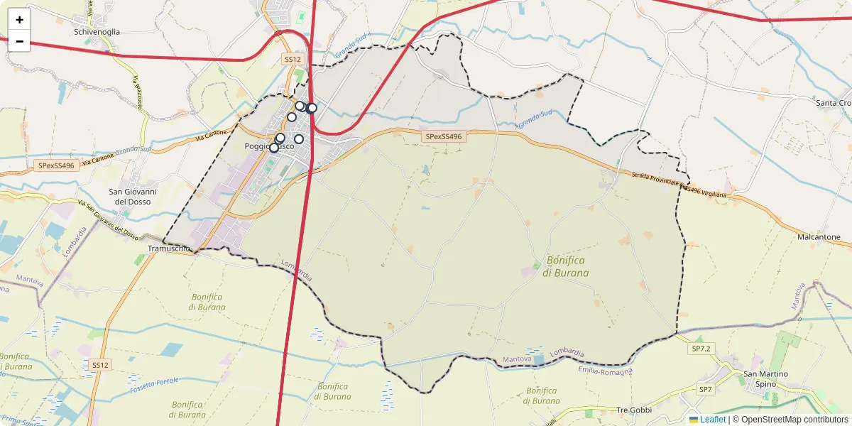Mappa dettagliata del trasporto pubblico a Poggio Rusco con linee autobus, tram e collegamenti