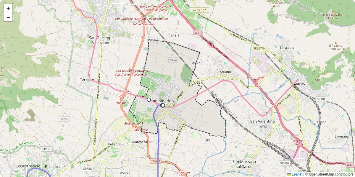 Mappa dettagliata del trasporto pubblico a Poggiomarino con linee autobus, tram e collegamenti