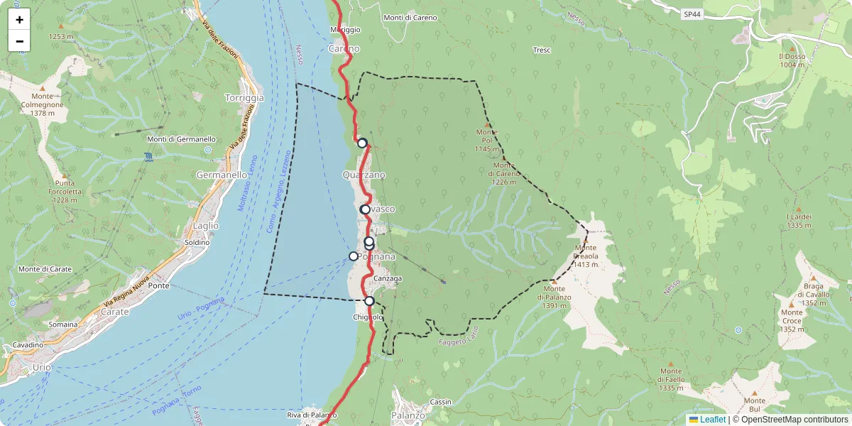 Mappa dettagliata del trasporto pubblico a Pognana Lario con linee autobus, tram e collegamenti