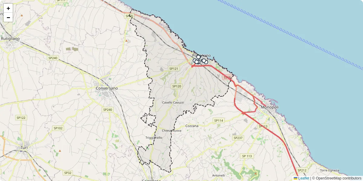 Mappa dettagliata del trasporto pubblico a Polignano a Mare con linee autobus, tram e collegamenti