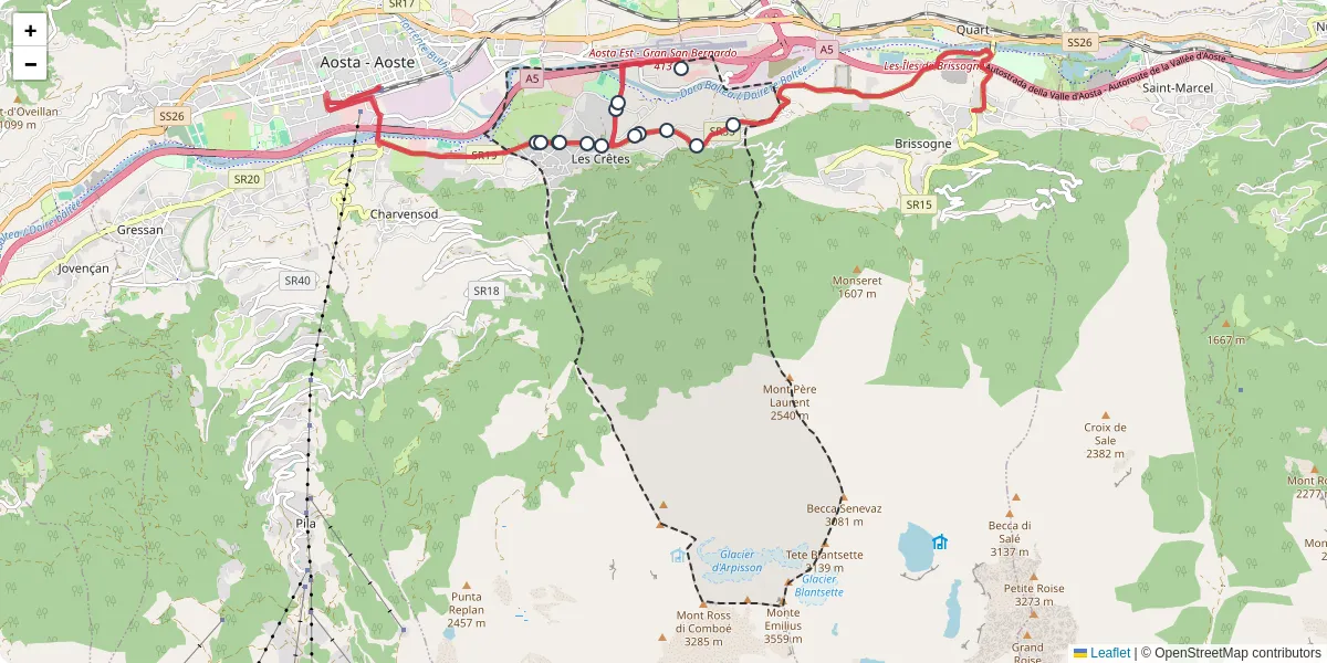 Mappa dettagliata del trasporto pubblico a Pollein con linee autobus, tram e collegamenti
