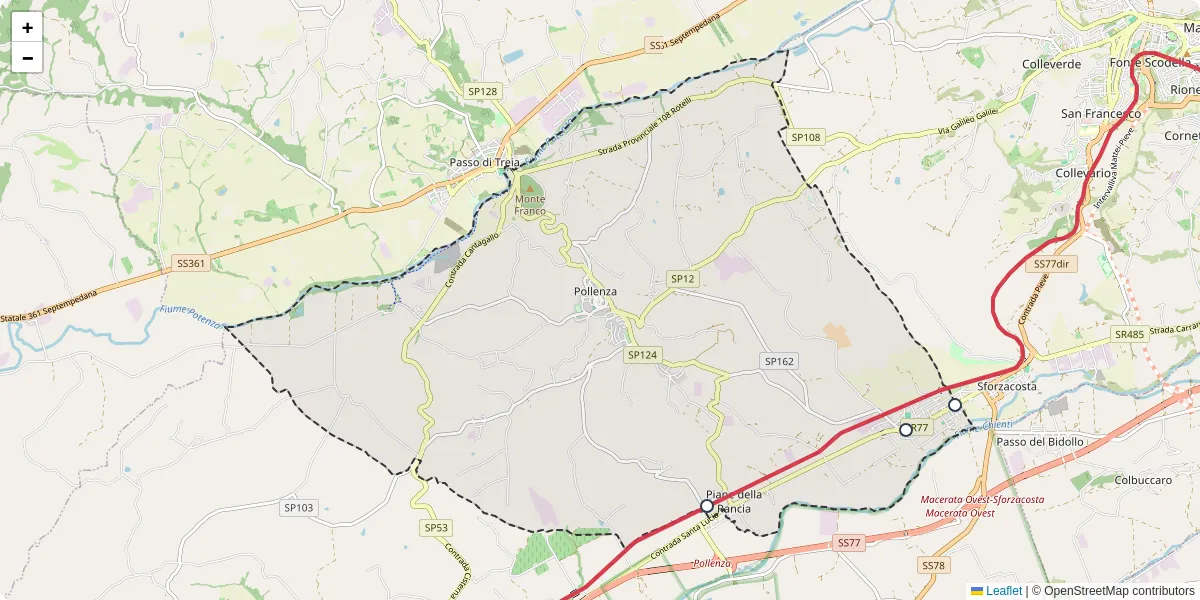 Mappa dettagliata del trasporto pubblico a Pollenza con linee autobus, tram e collegamenti