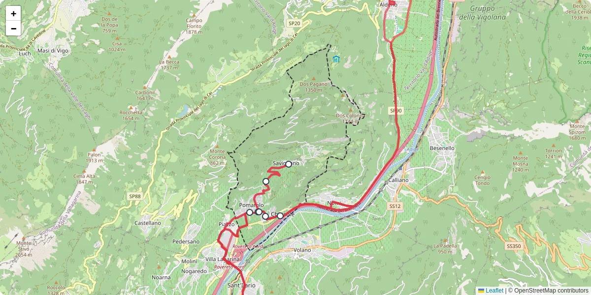 Mappa dettagliata del trasporto pubblico a Pomarolo con linee autobus, tram e collegamenti