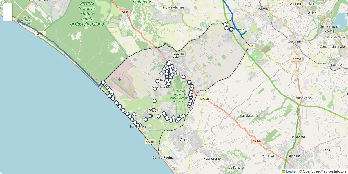 Mappa dettagliata del trasporto pubblico a Pomezia con linee autobus, tram e collegamenti
