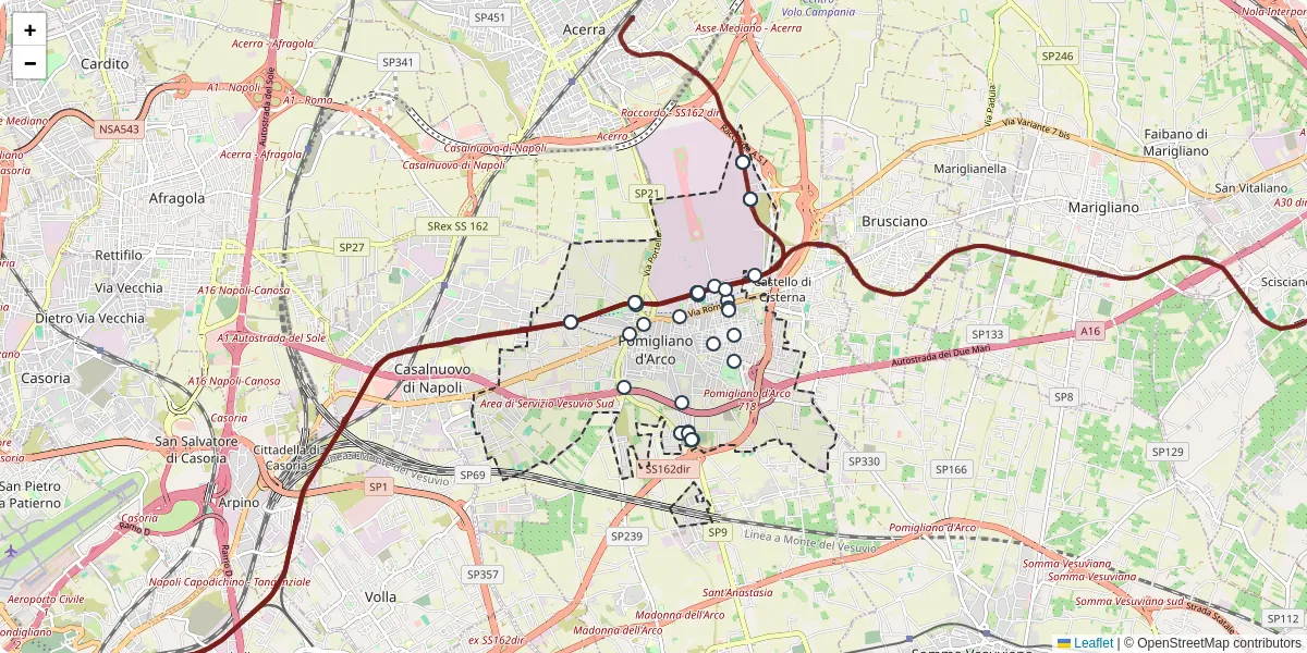 Mappa dettagliata del trasporto pubblico a Pomigliano d'Arco con linee autobus, tram e collegamenti