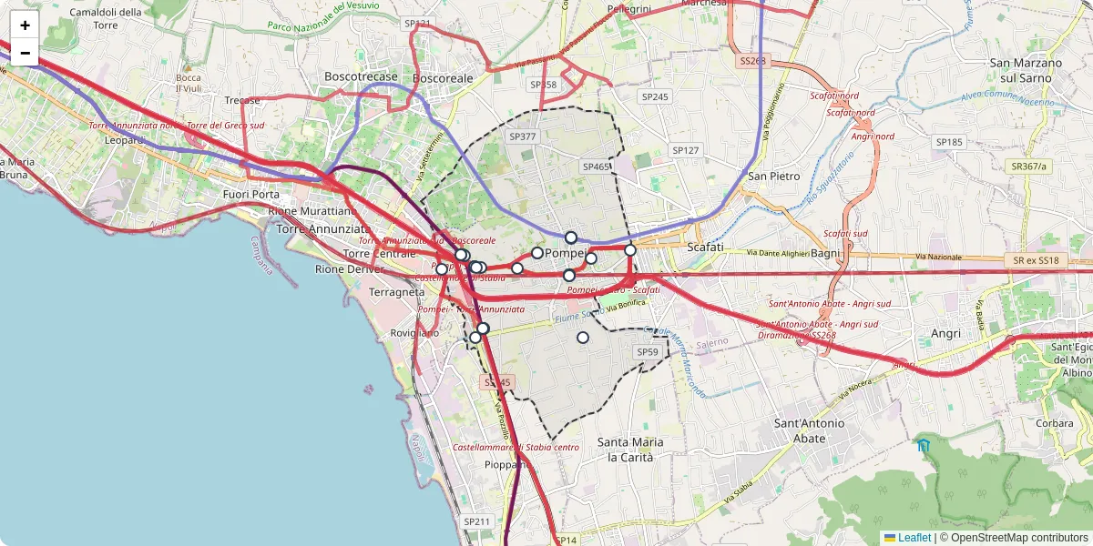 Mappa dettagliata del trasporto pubblico a Pompei con linee autobus, tram e collegamenti