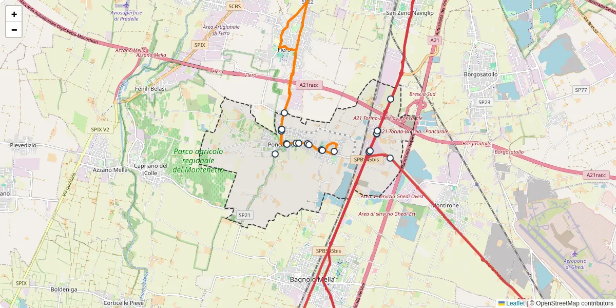 Mappa dettagliata del trasporto pubblico a Poncarale con linee autobus, tram e collegamenti
