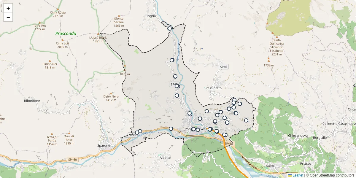Mappa dettagliata del trasporto pubblico a Pont Canavese con linee autobus, tram e collegamenti