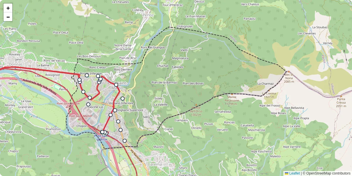 Mappa dettagliata del trasporto pubblico a Pont-Saint-Martin con linee autobus, tram e collegamenti