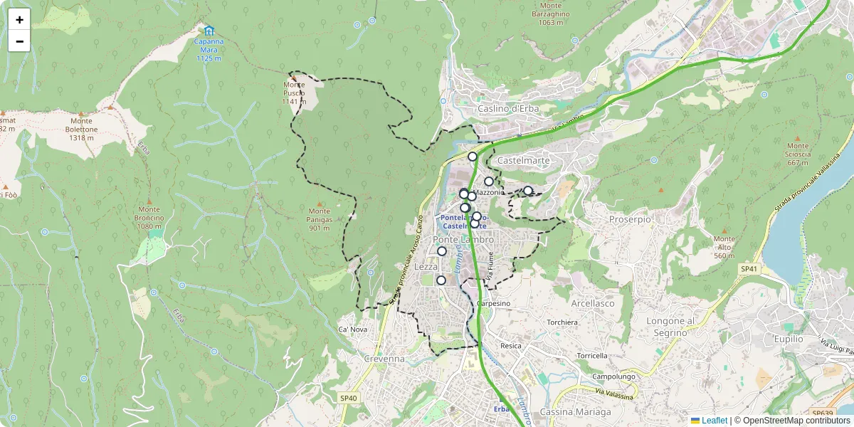 Mappa dettagliata del trasporto pubblico a Ponte Lambro con linee autobus, tram e collegamenti