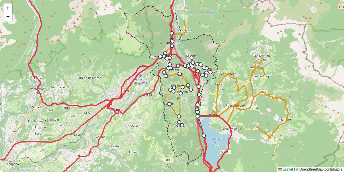 Mappa dettagliata del trasporto pubblico a Ponte nelle Alpi con linee autobus, tram e collegamenti