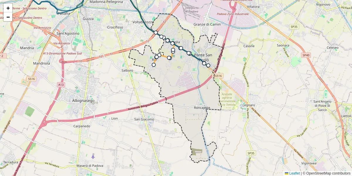 Mappa dettagliata del trasporto pubblico a Ponte San Nicolò con linee autobus, tram e collegamenti