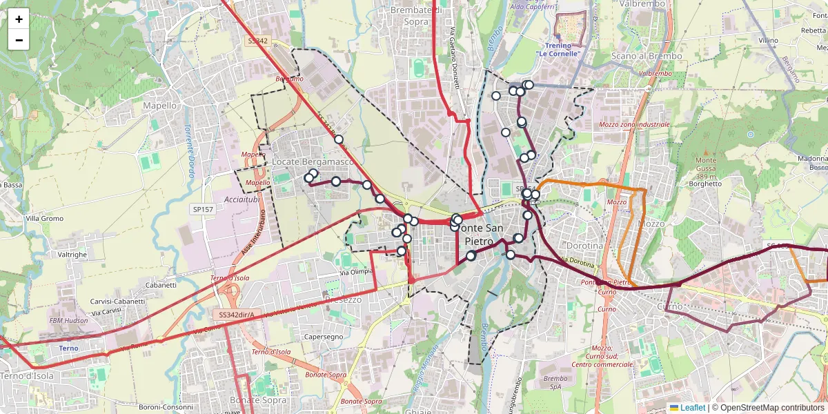 Mappa dettagliata del trasporto pubblico a Ponte San Pietro con linee autobus, tram e collegamenti